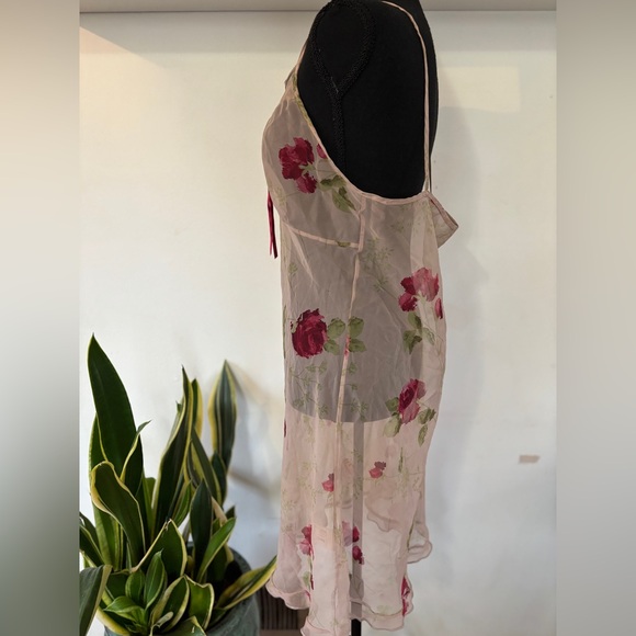 Vintage nude sheer rose ruffle slip dress bow detail Coquette girl boudoir sz14 - Picture 3 of 6